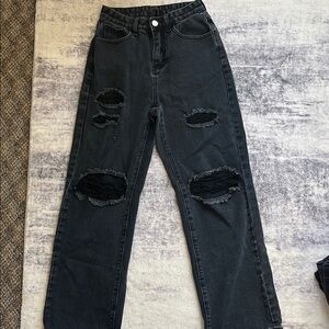 SHEIN Black Distressed Straight Leg Jeans
